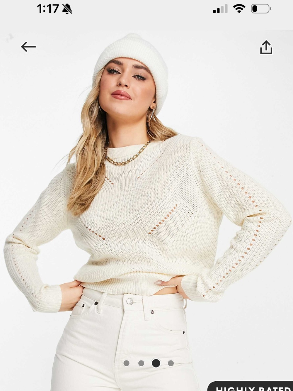 Open-Knit Pointelle Crewneck Sweater in Cream